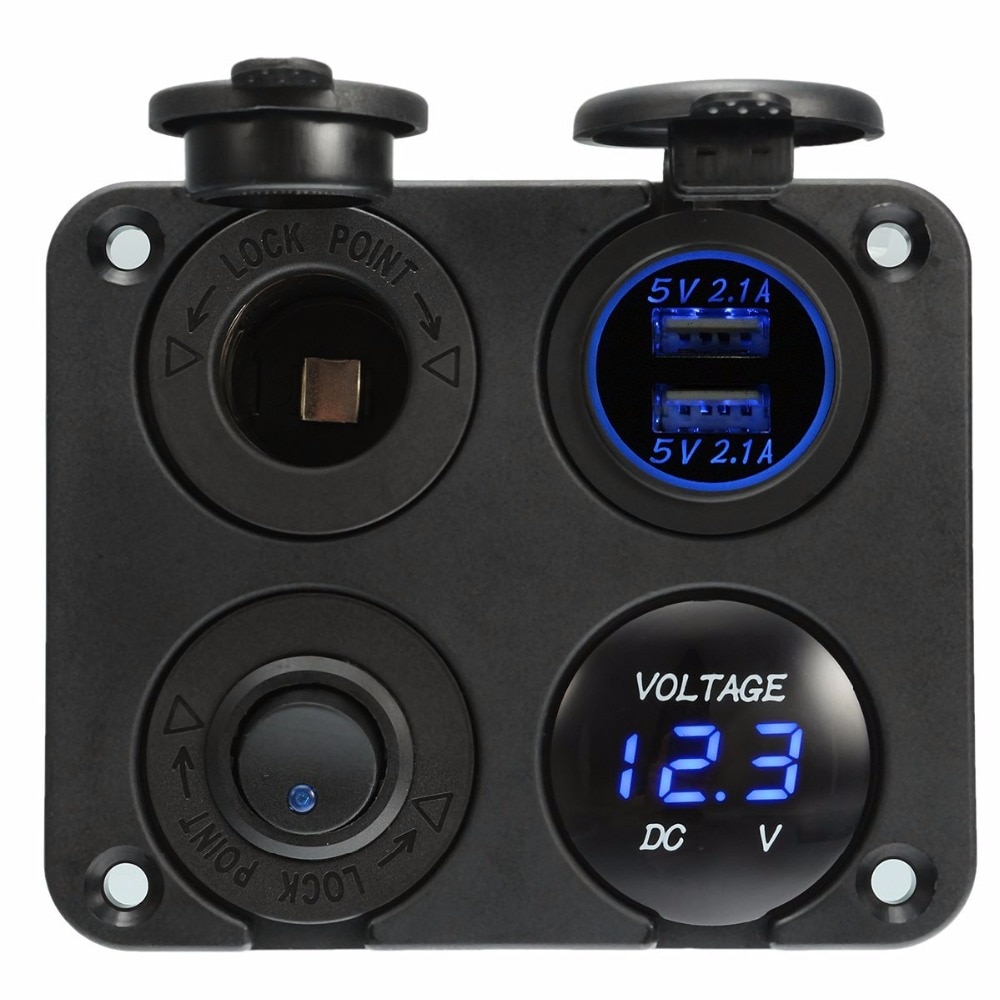 Dual USB Socket Charger 2.1A+2.1A + 12V Power Outlet +NO-OFF Switch+ LED Voltmeter 4 in 1 Charger Panel for Car Motocycle
