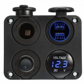 Dual USB Socket Charger 2.1A+2.1A + 12V Power Outlet +NO-OFF Switch+ LED Voltmeter 4 in 1 Charger Panel for Car Motocycle