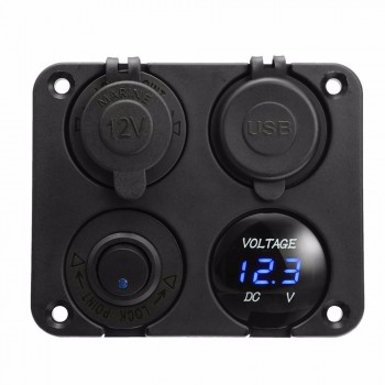 Dual USB Socket Charger 2.1A+2.1A + 12V Power Outlet +NO-OFF Switch+ LED Voltmeter 4 in 1 Charger Panel for Car Motocycle