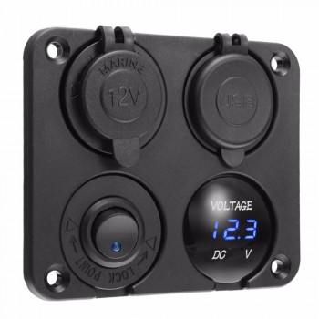 Dual USB Socket Charger 2.1A+2.1A + 12V Power Outlet +NO-OFF Switch+ LED Voltmeter 4 in 1 Charger Panel for Car Motocycle