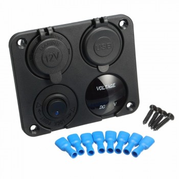 Dual USB Socket Charger 2.1A+2.1A + 12V Power Outlet +NO-OFF Switch+ LED Voltmeter 4 in 1 Charger Panel for Car Motocycle