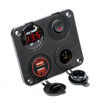 Dual USB Socket Charger 2.1A+2.1A + 12V Power Outlet +NO-OFF Switch+ LED Voltmeter 4 in 1 Charger Panel for Car Motocycle