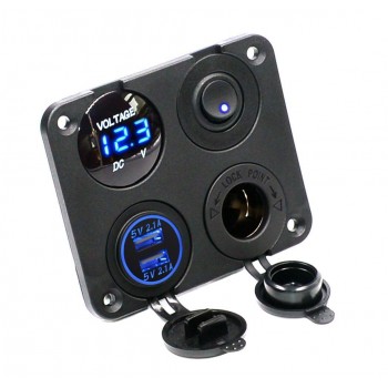 Dual USB Socket Charger 2.1A+2.1A + 12V Power Outlet +NO-OFF Switch+ LED Voltmeter 4 in 1 Charger Panel for Car Motocycle