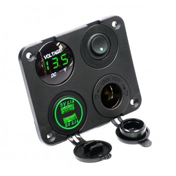 Dual USB Socket Charger 2.1A+2.1A + 12V Power Outlet +NO-OFF Switch+ LED Voltmeter 4 in 1 Charger Panel for Car Motocycle
