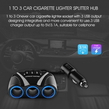 120W 3 Way Auto Sockets Car Cigarette Lighter Adapter Lighter Splitter Lighter 5V 3.1A Output Power 3 USB Car Charger 12V/24V