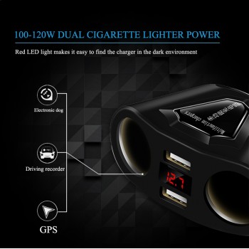 120W 2 Port Cigarette Lighter Sockets Power Adapter With 3.1A Dual USB Car Charger And Current Volmeter Display For Phone GPS