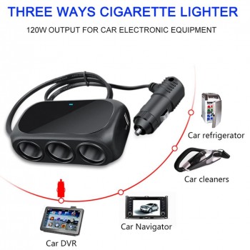 Three In One Universal 12V 24V Multi Socket Expander Charger Car Cigarette Lighter Splitter Dual USB Plug Adapter Car Accessorie