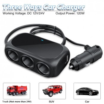 Three In One Universal 12V 24V Multi Socket Expander Charger Car Cigarette Lighter Splitter Dual USB Plug Adapter Car Accessorie