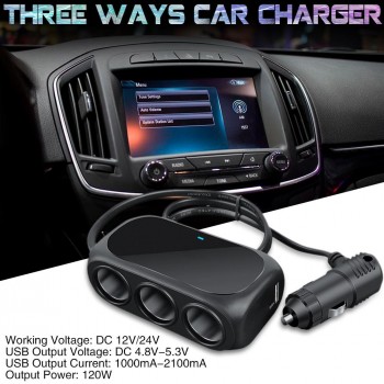 Three In One Universal 12V 24V Multi Socket Expander Charger Car Cigarette Lighter Splitter Dual USB Plug Adapter Car Accessorie