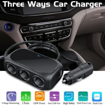 Three In One Universal 12V 24V Multi Socket Expander Charger Car Cigarette Lighter Splitter Dual USB Plug Adapter Car Accessorie