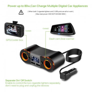 Car Cigarette Lighter Socket Splitter Power Adapter Outlet With Independent Switch 3.5A Dual USB Charger DC12-24V