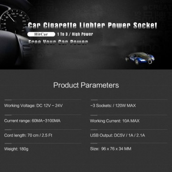 Car 120W High Power 1 to 3 Car Cigarette Lighter Socket Power Adapter Splitter Plug with 2 USB Port Phone DVR Charger