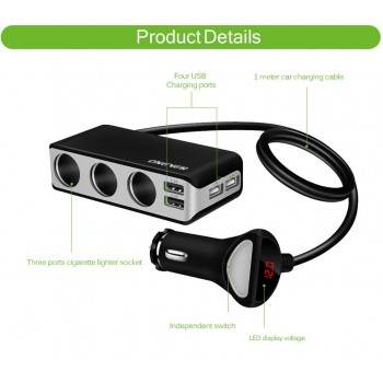 6.8A 4 USB Ports Car Charger with 3 Cigarette Lighter Sockets Splitter Charger DC 12~24V Cigarette Lighter Socket for smartphone