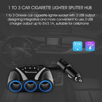 1 to 3 Car Cigarette Lighter Coupler Splitter Socket with 3 USB Power Adapter 3.1A for iPhone Smartphone DC 12V-24V usb
