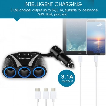 1 to 3 Car Cigarette Lighter Coupler Splitter Socket with 3 USB Power Adapter 3.1A for iPhone Smartphone DC 12V-24V usb