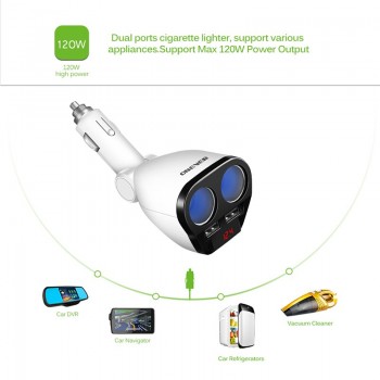 Onever 120W Dual USB Car Charger Cigarette Lighter Socket Splitter Max 3.4A Power Adapter Charger With Voltage Diagnostic 12/24V