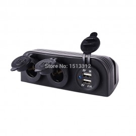 DIY Waterproof 12~24V Motocycle Car Dual USB Charger Adapter + Dual Cigarette Lighter Sockets