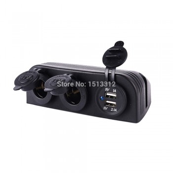 DIY Waterproof 12~24V Motocycle Car Dual USB Charger Adapter + Dual Cigarette Lighter Sockets