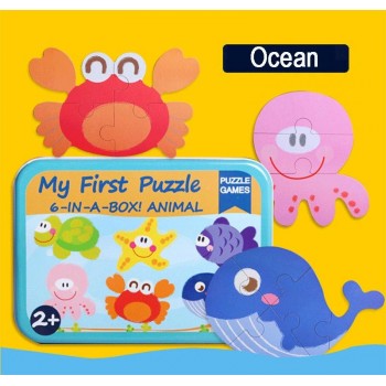 Wooden Toy Wooden Puzzle 6 in 1 Box Cartoon Animal 3D Puzzle Toy Montessori Childrens Education Toys Gift for Children