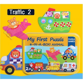Wooden Toy Wooden Puzzle 6 in 1 Box Cartoon Animal 3D Puzzle Toy Montessori Childrens Education Toys Gift for Children