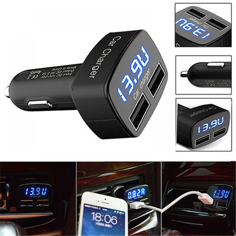 DC 12-24V 4 In 1 2 USB Ports Universal Dual USB Car Charger Adapter LCD Digital Voltage DC 5V 3.1A Temperature display for car