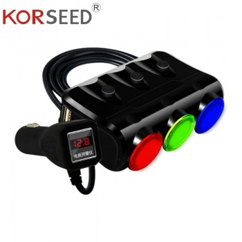 KORSEED 3 Port 12V-24V Car Cigarette Lighter Socket Splitter Power Phone Dual USB Car Charger Individual switch Smart Protection