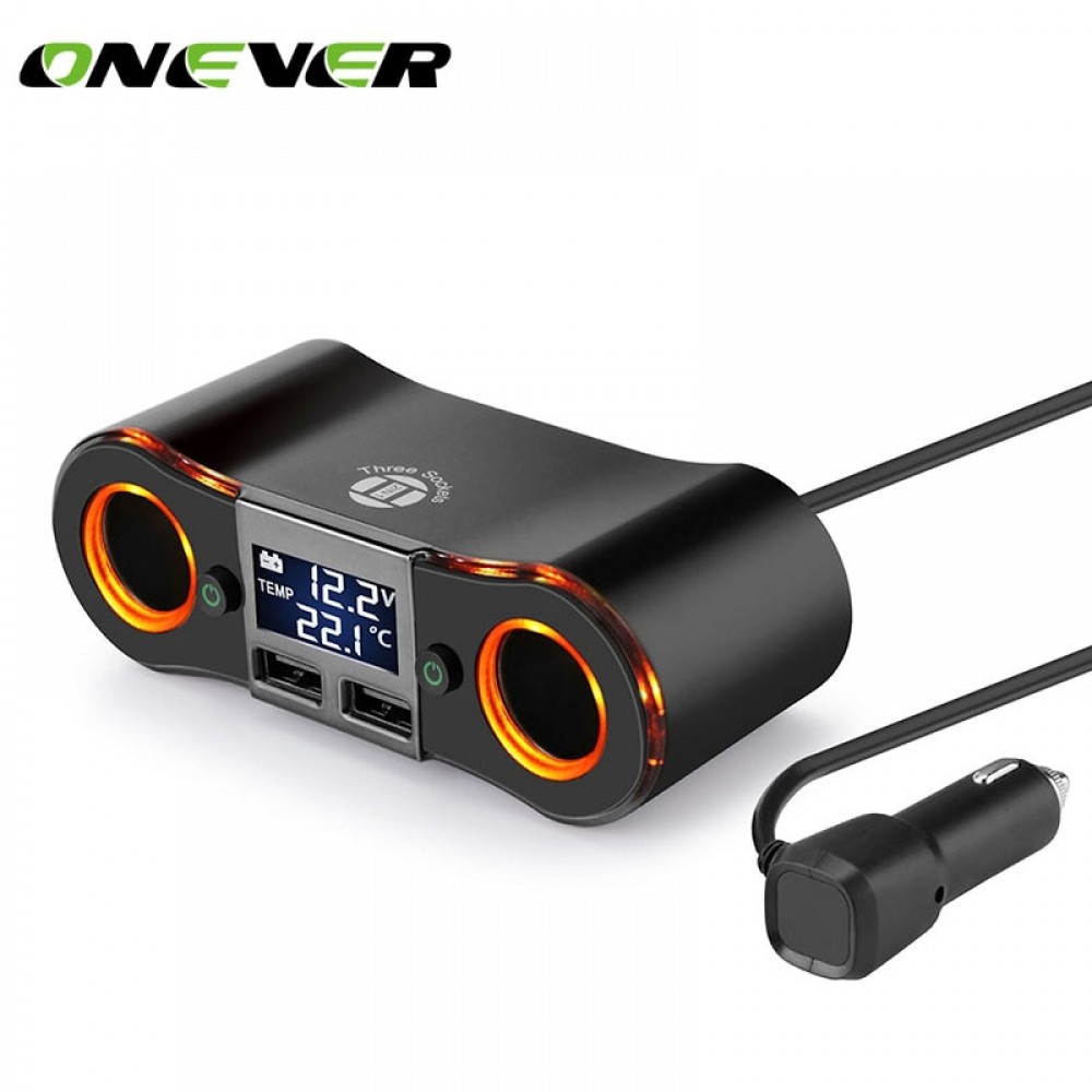 Onever 3.5A Dual USB Ports Car Charger with 2 port Car Cigarette Lighter Sockets 80W Power Support LED Display Voltage Current