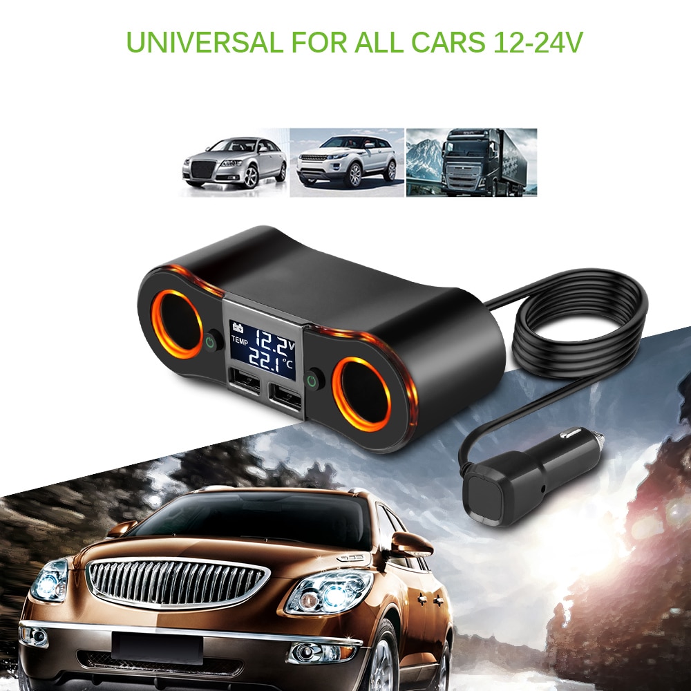 Onever ZNB02 1 to 2 Car Cigarette Lighter Socket Splitter with LCD Display Separated Switch Control Dual USB Fast Charging