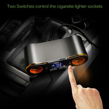 Onever ZNB02 1 to 2 Car Cigarette Lighter Socket Splitter with LCD Display Separated Switch Control Dual USB Fast Charging