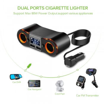Onever ZNB02 1 to 2 Car Cigarette Lighter Socket Splitter with LCD Display Separated Switch Control Dual USB Fast Charging