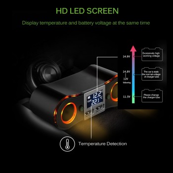 Onever ZNB02 1 to 2 Car Cigarette Lighter Socket Splitter with LCD Display Separated Switch Control Dual USB Fast Charging