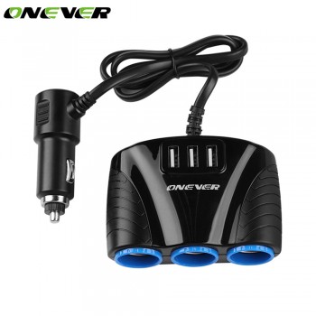 Onever 12V-24V Universal Car 3 Sockets Splitter Cigarette Lighter Socket 3 Ports USB Charger Power Adapter for iPhone iPad DVR