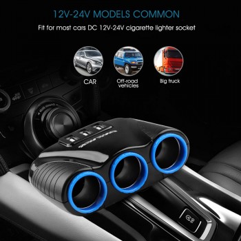 Onever 12V-24V Universal Car 3 Sockets Splitter Cigarette Lighter Socket 3 Ports USB Charger Power Adapter for iPhone iPad DVR