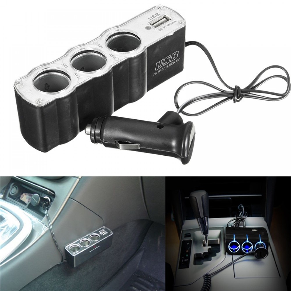 Car Cigarette Lighter Plug 3 Way Charger USB Triple Socket Splitter 12/24V Car Socket Adapter Car Styling