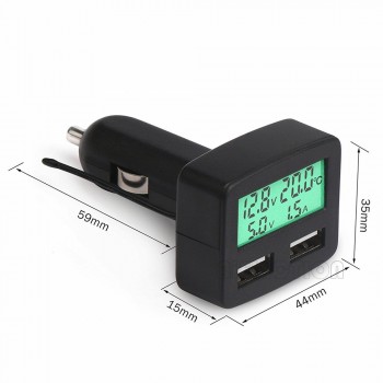 Multi-functional 3A Car Charger DC 5V Smart Car charger 2 USB Voltmeter Ammeter Thermometer Green Blue White LED Back-light