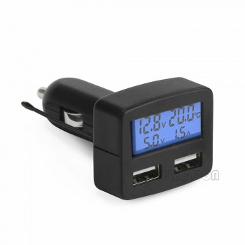 Multi-functional 3A Car Charger DC 5V Smart Car charger 2 USB Voltmeter Ammeter Thermometer Green Blue White LED Back-light
