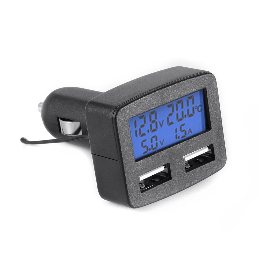 5in1 Car Kit Dual USB Car Charger+Car Voltmeter+Thermometer+Charging Voltage Charging Current Blue Backlight LCD Display DY195