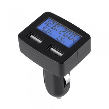 5in1 Car Kit Dual USB Car Charger+Car Voltmeter+Thermometer+Charging Voltage Charging Current Blue Backlight LCD Display DY195