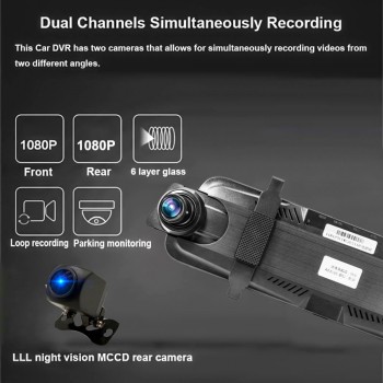 TAVIN 10 inch Touch Screen Car DVR Rear View Mirror Dash cam Full HD Front Car Camera + 1080P Back Cam Dual Lens Video Recorder