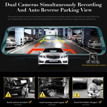 TAVIN 10 inch Touch Screen Car DVR Rear View Mirror Dash cam Full HD Front Car Camera + 1080P Back Cam Dual Lens Video Recorder