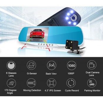 4.3 1080P car rearview mirror dvr car full HD 1080p car driving video recorder camera car reverse image dual lens Free shipping