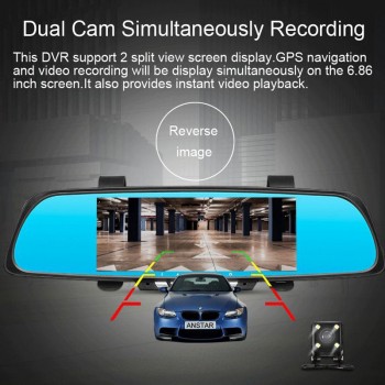 QUIDUX 6.86 Car Camera DVR Mirror Android GPS Navigation Dual Lens Video Recorder Full HD 1080P Rearview Mirror Camera Dash cam