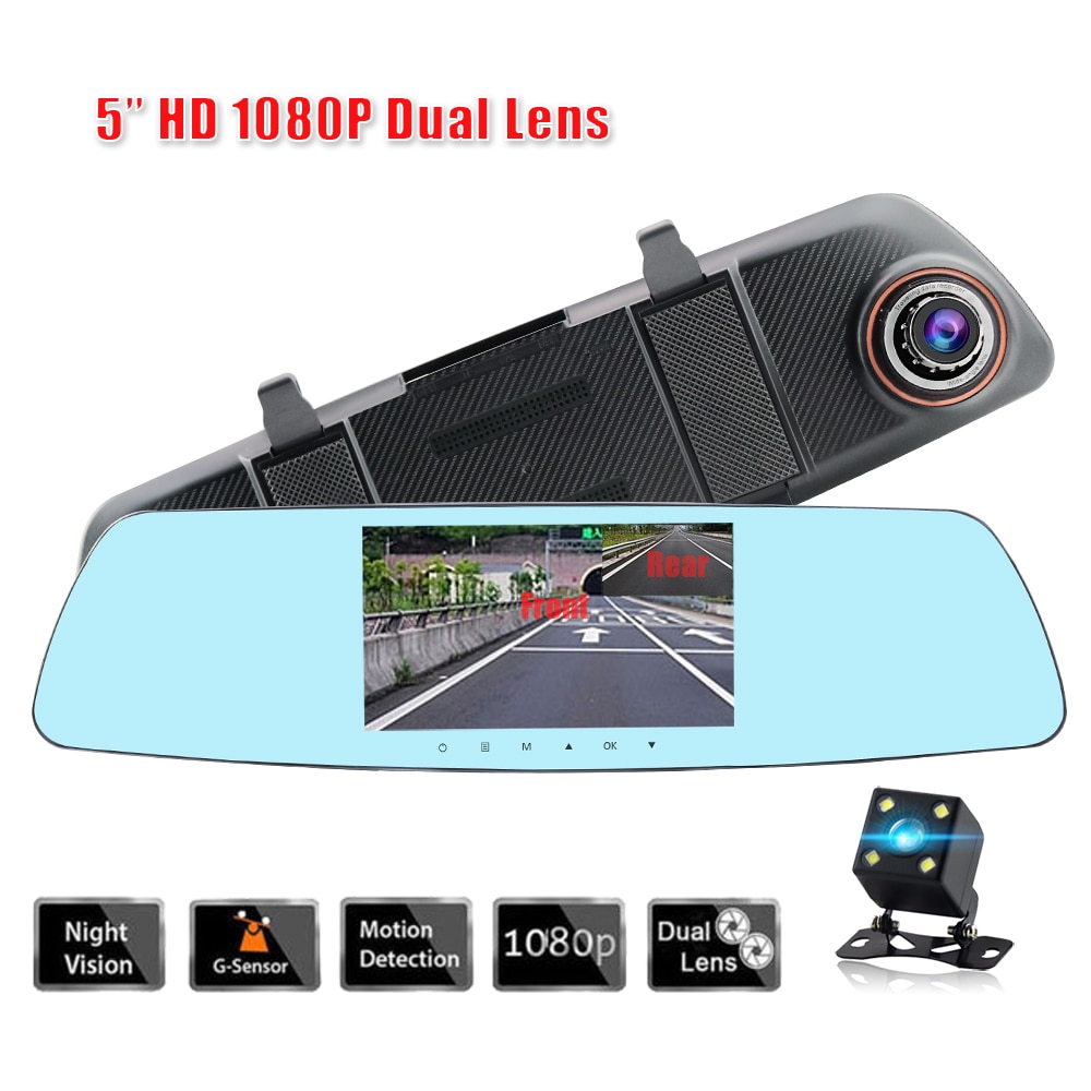 car dvr dual dashcam full hd 1920x1080 5inch drive recorder video registrator car rearview camera coche mirror dash cam black