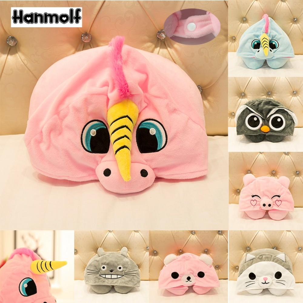 Cartoon Animals U Shape Neck Pillow with Hoodie Travelers Car Airplane Kids Adults Pink Unicorn/Cat/Owl/Pig/Totoro Plush Pillow