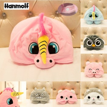Cartoon Animals U Shape Neck Pillow with Hoodie Travelers Car Airplane Kids Adults Pink Unicorn/Cat/Owl/Pig/Totoro Plush Pillow