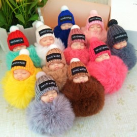2018 Cute Sleeping Baby Doll Keychain Faux Pompom Rabbit Fur Ball plush KeyChain Keyring Women Key Holder Bag Pendant toy049