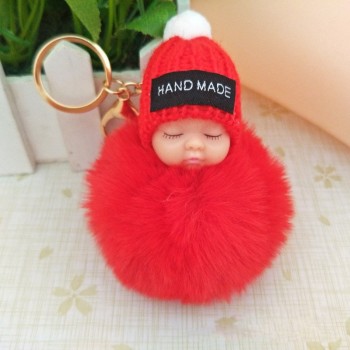 2018 Cute Sleeping Baby Doll Keychain Faux Pompom Rabbit Fur Ball plush KeyChain Keyring Women Key Holder Bag Pendant toy049