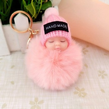2018 Cute Sleeping Baby Doll Keychain Faux Pompom Rabbit Fur Ball plush KeyChain Keyring Women Key Holder Bag Pendant toy049