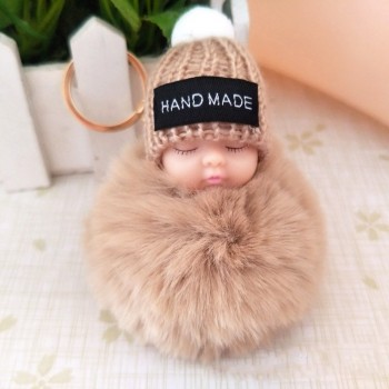 2018 Cute Sleeping Baby Doll Keychain Faux Pompom Rabbit Fur Ball plush KeyChain Keyring Women Key Holder Bag Pendant toy049