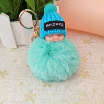 2018 Cute Sleeping Baby Doll Keychain Faux Pompom Rabbit Fur Ball plush KeyChain Keyring Women Key Holder Bag Pendant toy049